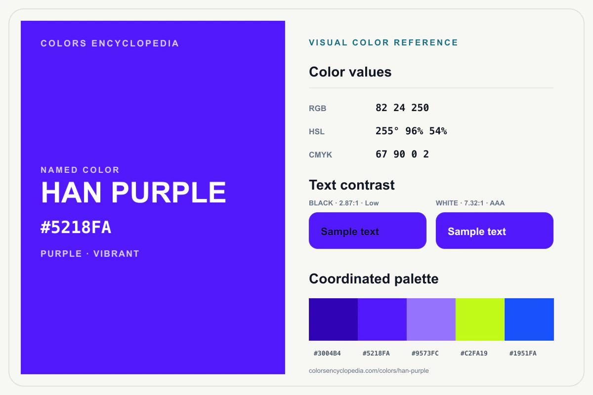 Han Purple color reference infographic showing #5218FA, RGB and HSL values, a coordinated palette, and black and white text contrast.