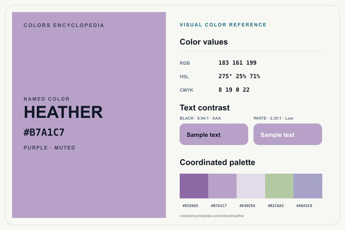 Heather color reference infographic showing #B7A1C7, RGB and HSL values, a coordinated palette, and black and white text contrast.