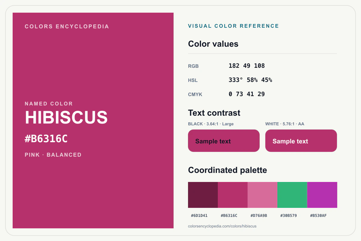 Hibiscus color reference infographic showing #B6316C, RGB and HSL values, a coordinated palette, and black and white text contrast.