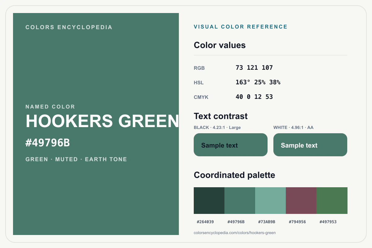 Hookers Green color reference infographic showing #49796B, RGB and HSL values, a coordinated palette, and black and white text contrast.