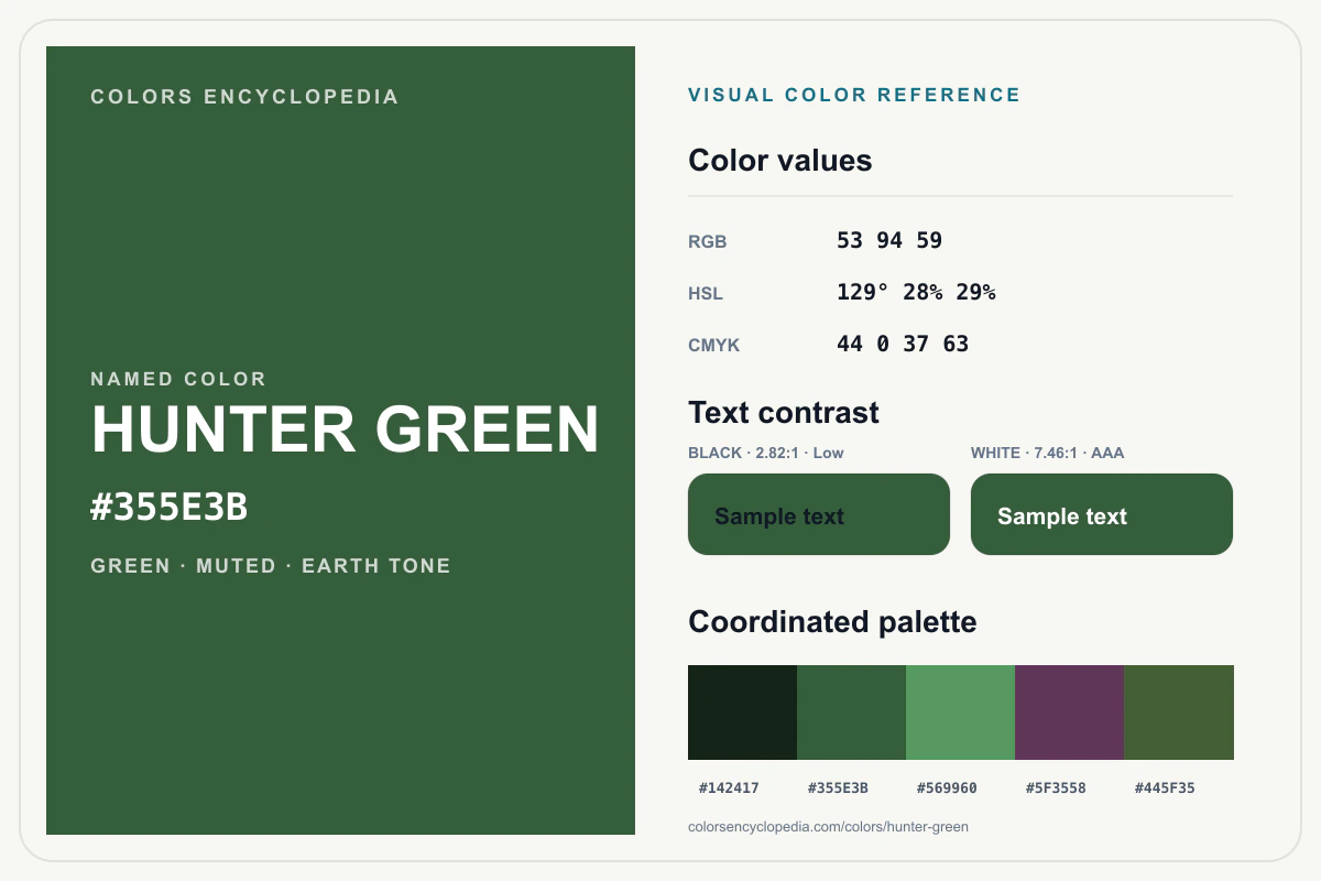 Hunter Green color reference infographic showing #355E3B, RGB and HSL values, a coordinated palette, and black and white text contrast.