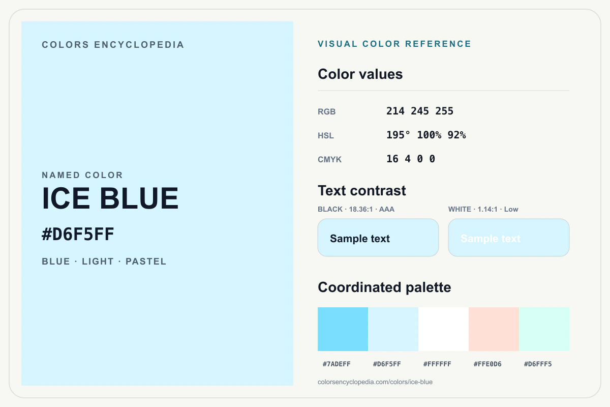 Ice Blue color reference infographic showing #D6F5FF, RGB and HSL values, a coordinated palette, and black and white text contrast.