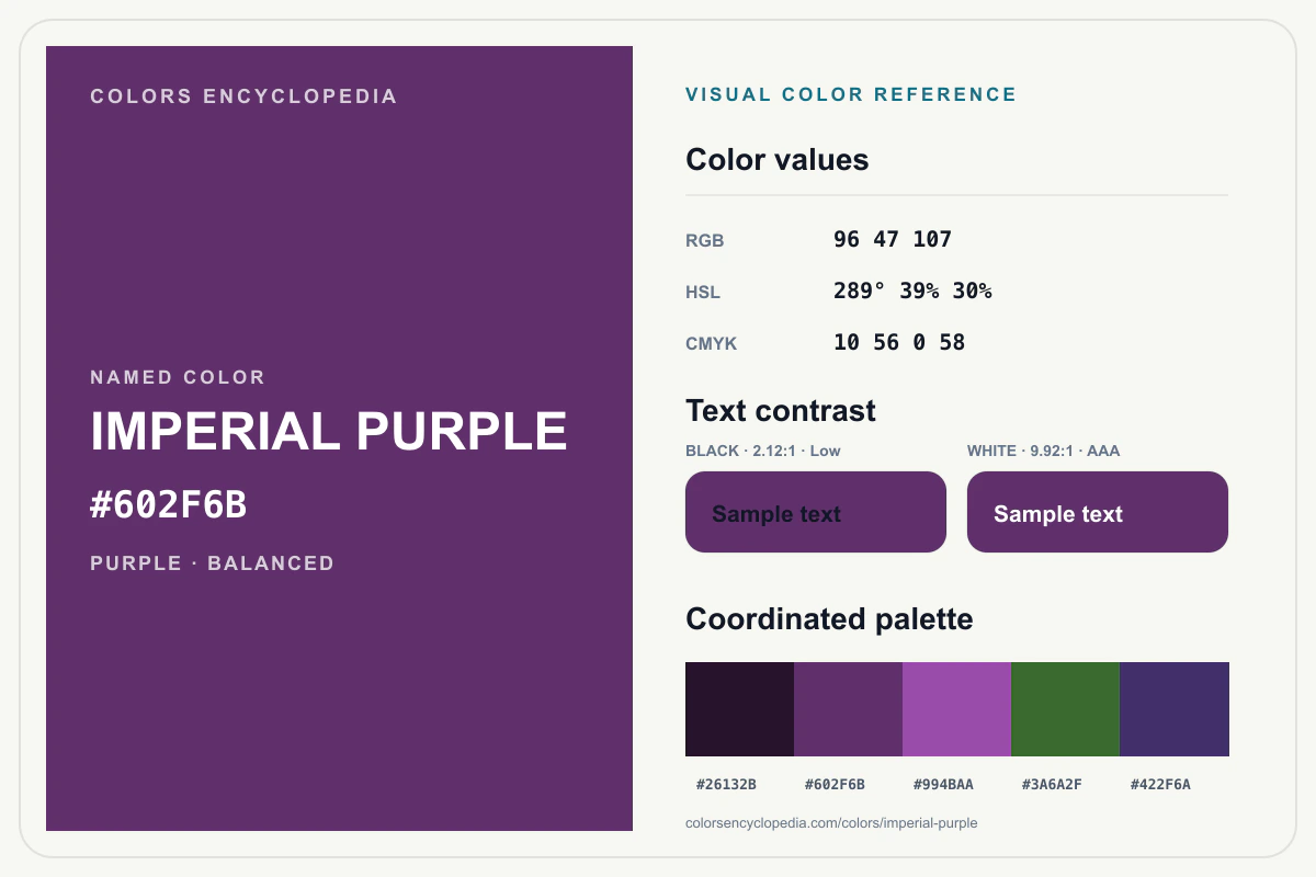 Imperial Purple color reference infographic showing #602F6B, RGB and HSL values, a coordinated palette, and black and white text contrast.