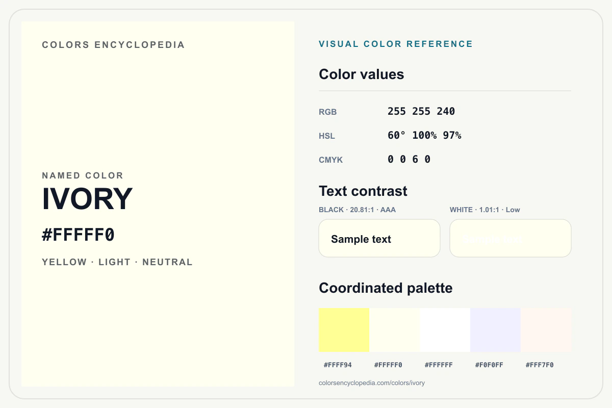 Ivory color reference infographic showing #FFFFF0, RGB and HSL values, a coordinated palette, and black and white text contrast.
