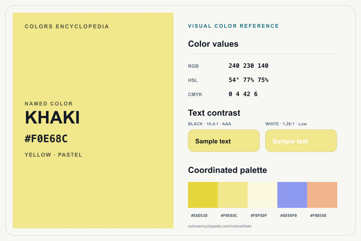Khaki color reference infographic showing #F0E68C, RGB and HSL values, a coordinated palette, and black and white text contrast.