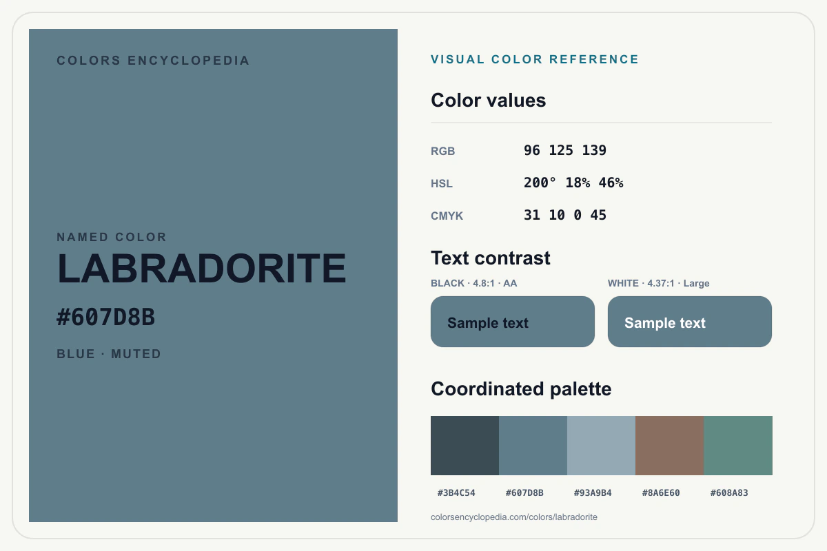 Labradorite color reference infographic showing #607D8B, RGB and HSL values, a coordinated palette, and black and white text contrast.