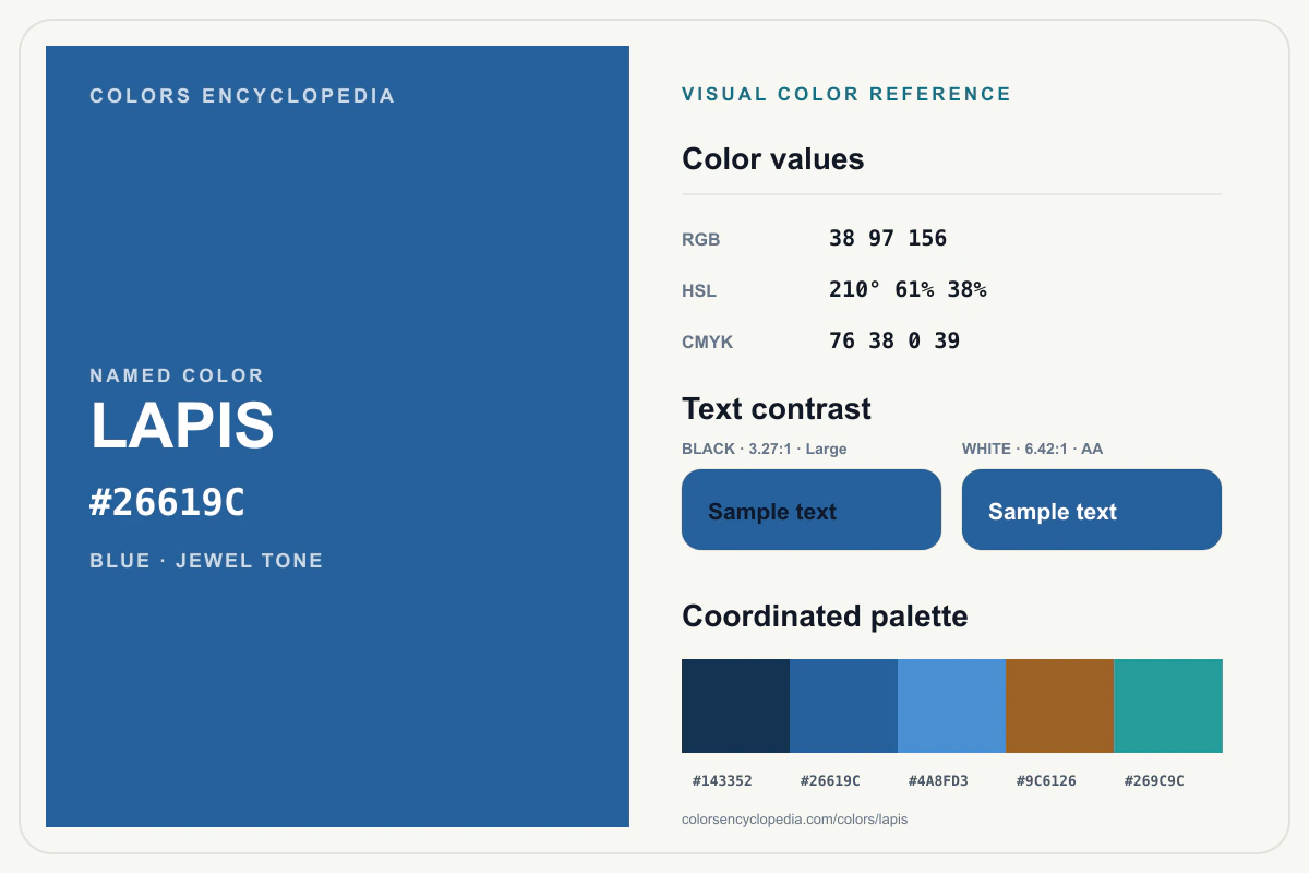 Lapis color reference infographic showing #26619C, RGB and HSL values, a coordinated palette, and black and white text contrast.