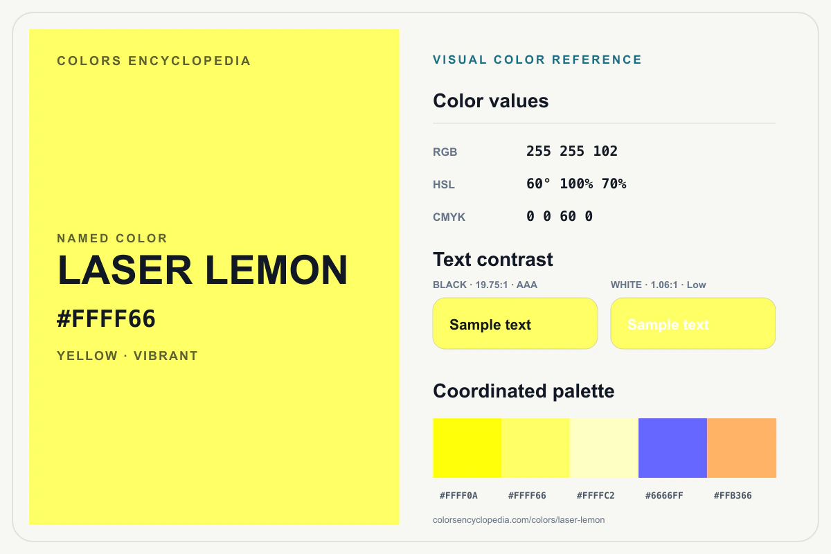 Laser Lemon color reference infographic showing #FFFF66, RGB and HSL values, a coordinated palette, and black and white text contrast.