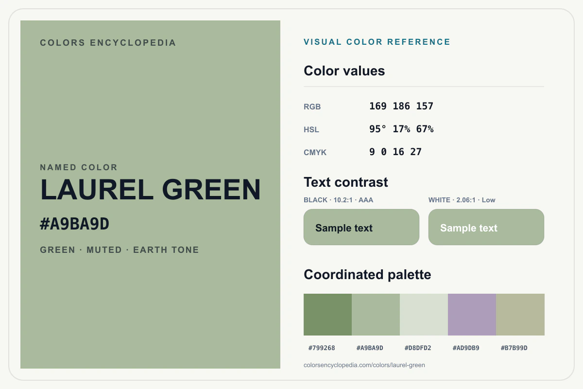 Laurel Green color reference infographic showing #A9BA9D, RGB and HSL values, a coordinated palette, and black and white text contrast.