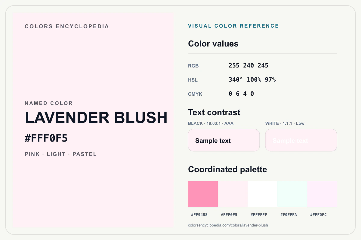 Lavender Blush color reference infographic showing #FFF0F5, RGB and HSL values, a coordinated palette, and black and white text contrast.
