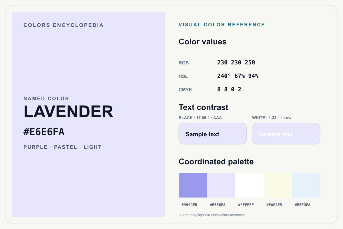 Lavender color reference infographic showing #E6E6FA, RGB and HSL values, a coordinated palette, and black and white text contrast.