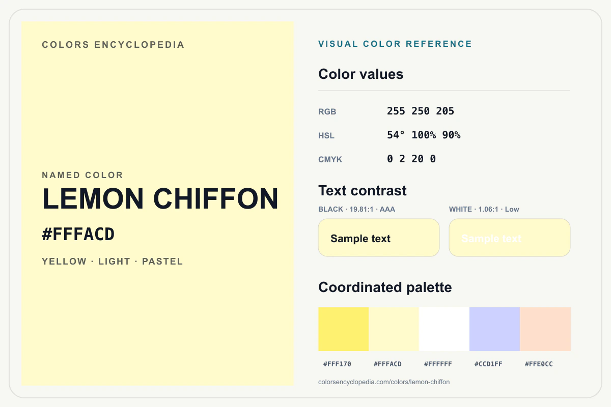 Lemon Chiffon color reference infographic showing #FFFACD, RGB and HSL values, a coordinated palette, and black and white text contrast.