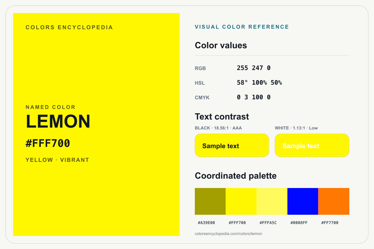 Lemon color reference infographic showing #FFF700, RGB and HSL values, a coordinated palette, and black and white text contrast.