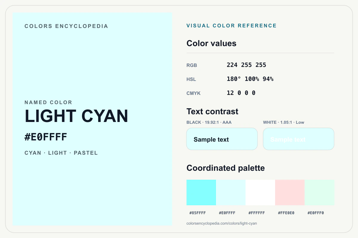 Light Cyan color reference infographic showing #E0FFFF, RGB and HSL values, a coordinated palette, and black and white text contrast.