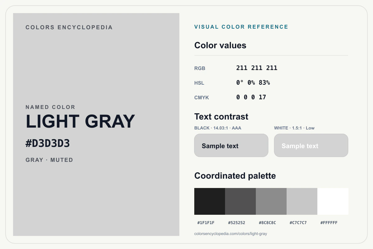Light Gray color reference infographic showing #D3D3D3, RGB and HSL values, a coordinated palette, and black and white text contrast.