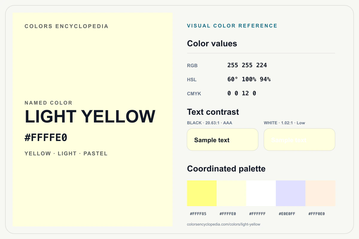 Light Yellow color reference infographic showing #FFFFE0, RGB and HSL values, a coordinated palette, and black and white text contrast.