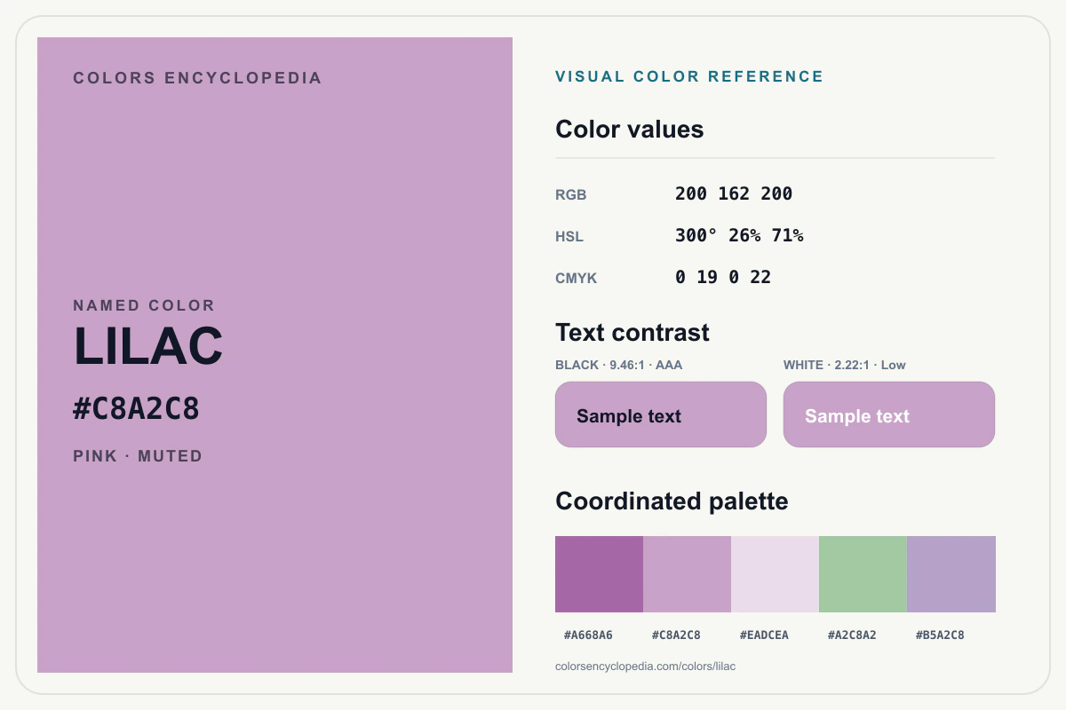 Lilac color reference infographic showing #C8A2C8, RGB and HSL values, a coordinated palette, and black and white text contrast.