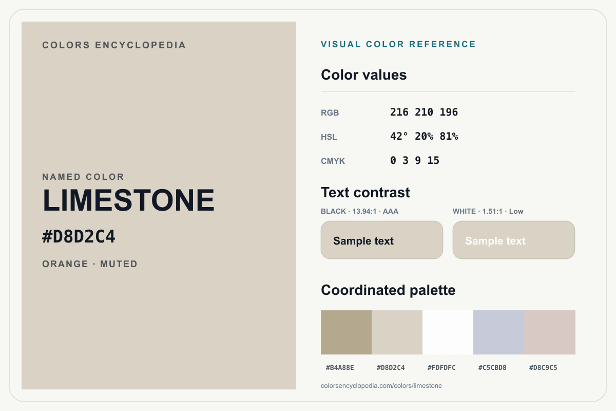 Limestone color reference infographic showing #D8D2C4, RGB and HSL values, a coordinated palette, and black and white text contrast.