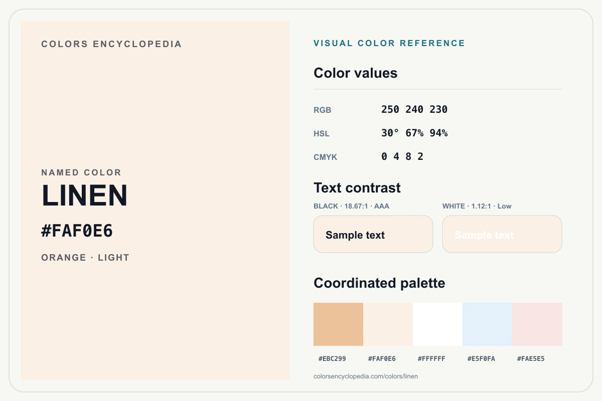 Linen color reference infographic showing #FAF0E6, RGB and HSL values, a coordinated palette, and black and white text contrast.