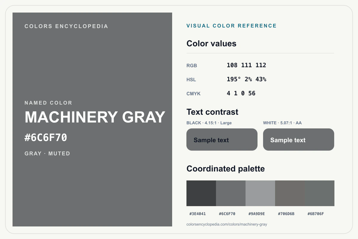 Machinery Gray color reference infographic showing #6C6F70, RGB and HSL values, a coordinated palette, and black and white text contrast.