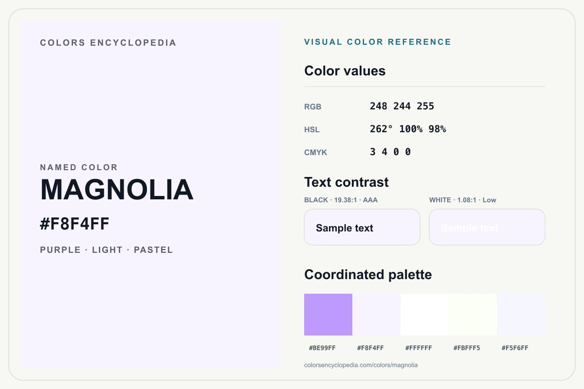 Magnolia color reference infographic showing #F8F4FF, RGB and HSL values, a coordinated palette, and black and white text contrast.