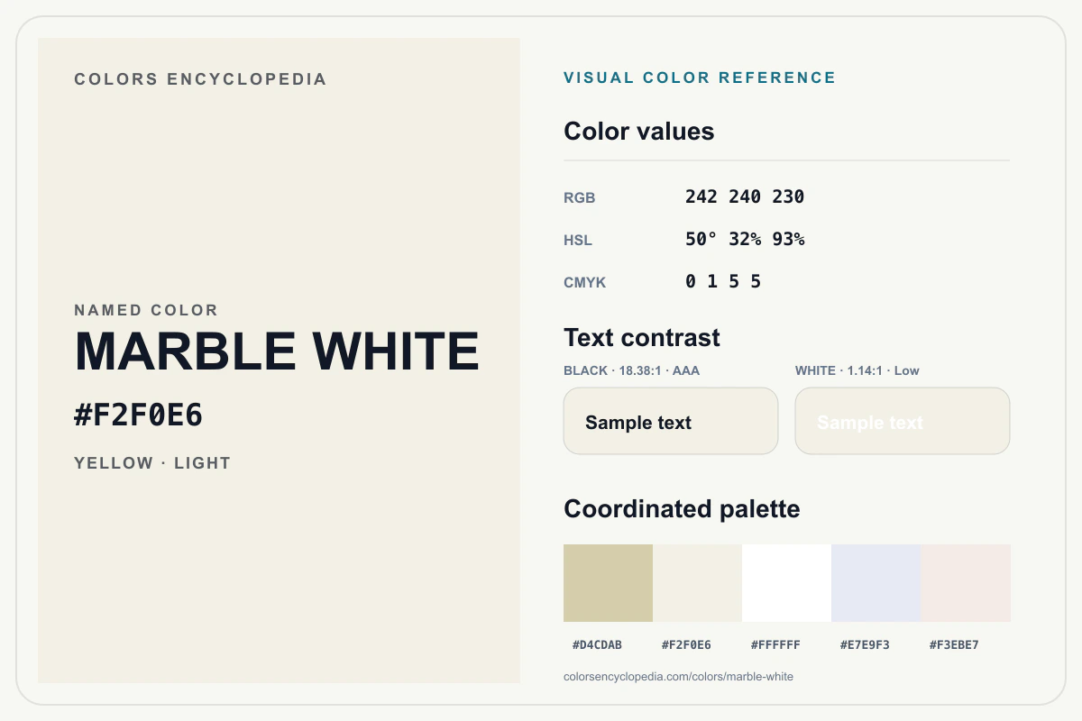 Marble White color reference infographic showing #F2F0E6, RGB and HSL values, a coordinated palette, and black and white text contrast.