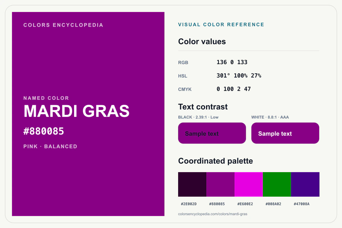 Mardi Gras color reference infographic showing #880085, RGB and HSL values, a coordinated palette, and black and white text contrast.