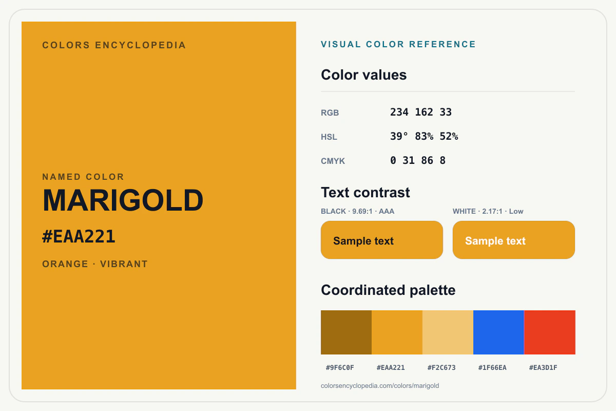 Marigold color reference infographic showing #EAA221, RGB and HSL values, a coordinated palette, and black and white text contrast.