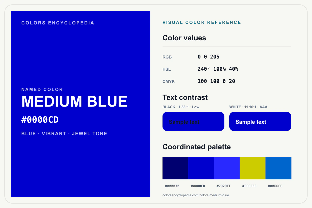 Medium Blue color reference infographic showing #0000CD, RGB and HSL values, a coordinated palette, and black and white text contrast.