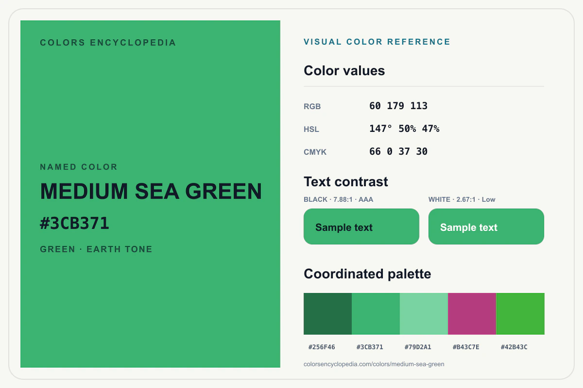 Medium Sea Green color reference infographic showing #3CB371, RGB and HSL values, a coordinated palette, and black and white text contrast.