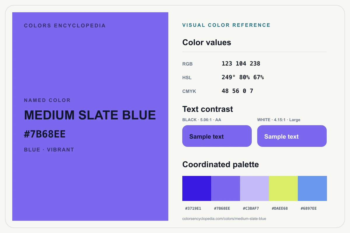 Medium Slate Blue color reference infographic showing #7B68EE, RGB and HSL values, a coordinated palette, and black and white text contrast.
