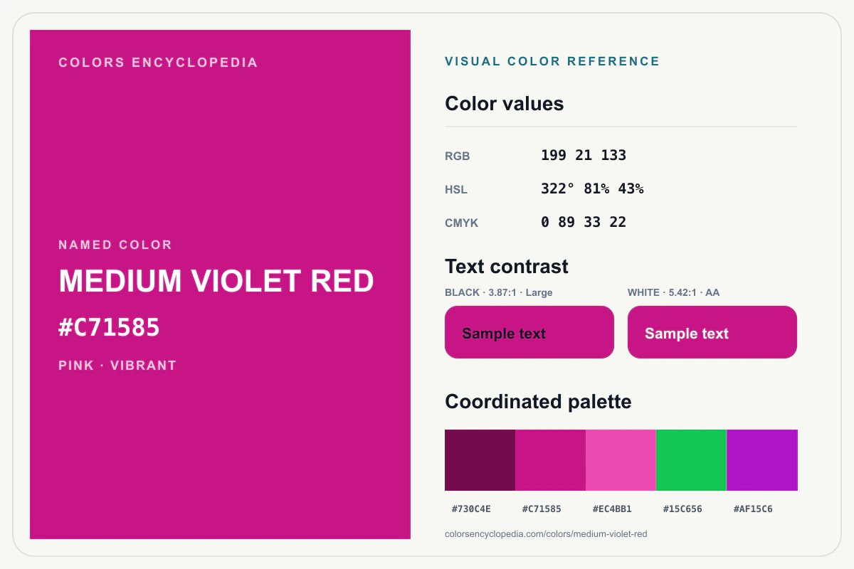 Medium Violet Red color reference infographic showing #C71585, RGB and HSL values, a coordinated palette, and black and white text contrast.