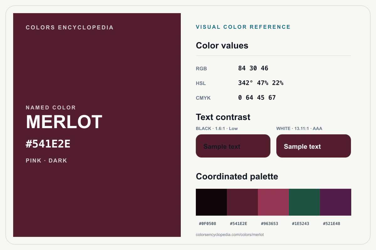Merlot color reference infographic showing #541E2E, RGB and HSL values, a coordinated palette, and black and white text contrast.