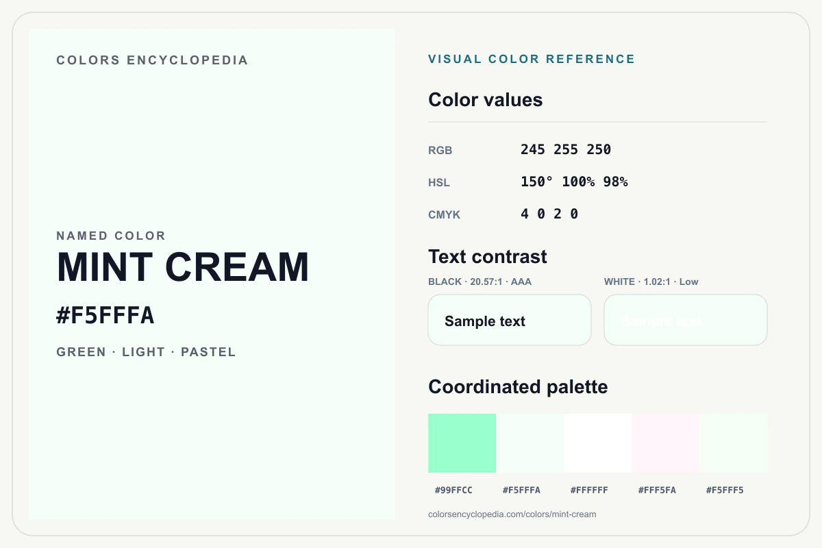 Mint Cream color reference infographic showing #F5FFFA, RGB and HSL values, a coordinated palette, and black and white text contrast.