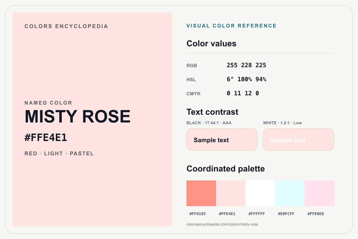 Misty Rose color reference infographic showing #FFE4E1, RGB and HSL values, a coordinated palette, and black and white text contrast.