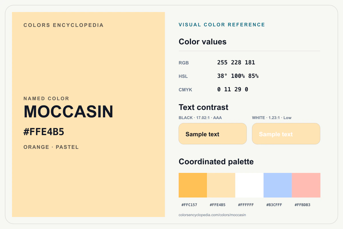 Moccasin color reference infographic showing #FFE4B5, RGB and HSL values, a coordinated palette, and black and white text contrast.