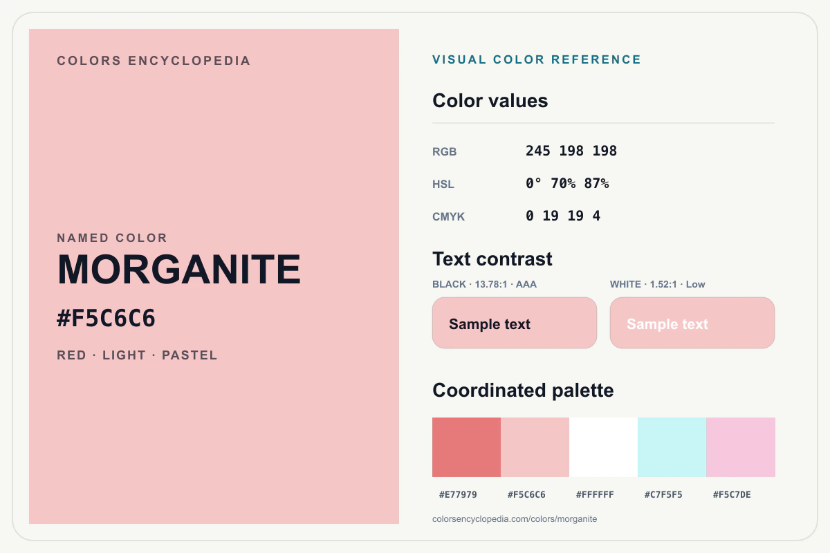 Morganite color reference infographic showing #F5C6C6, RGB and HSL values, a coordinated palette, and black and white text contrast.