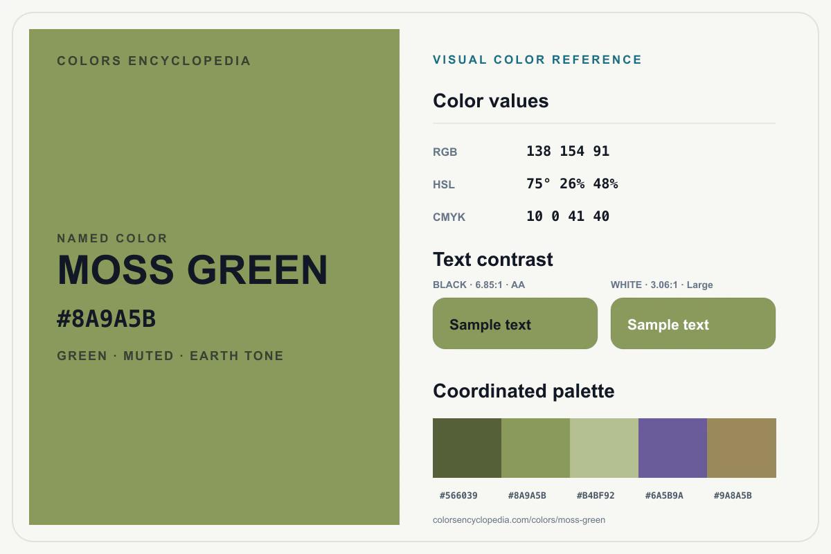 Moss Green color reference infographic showing #8A9A5B, RGB and HSL values, a coordinated palette, and black and white text contrast.