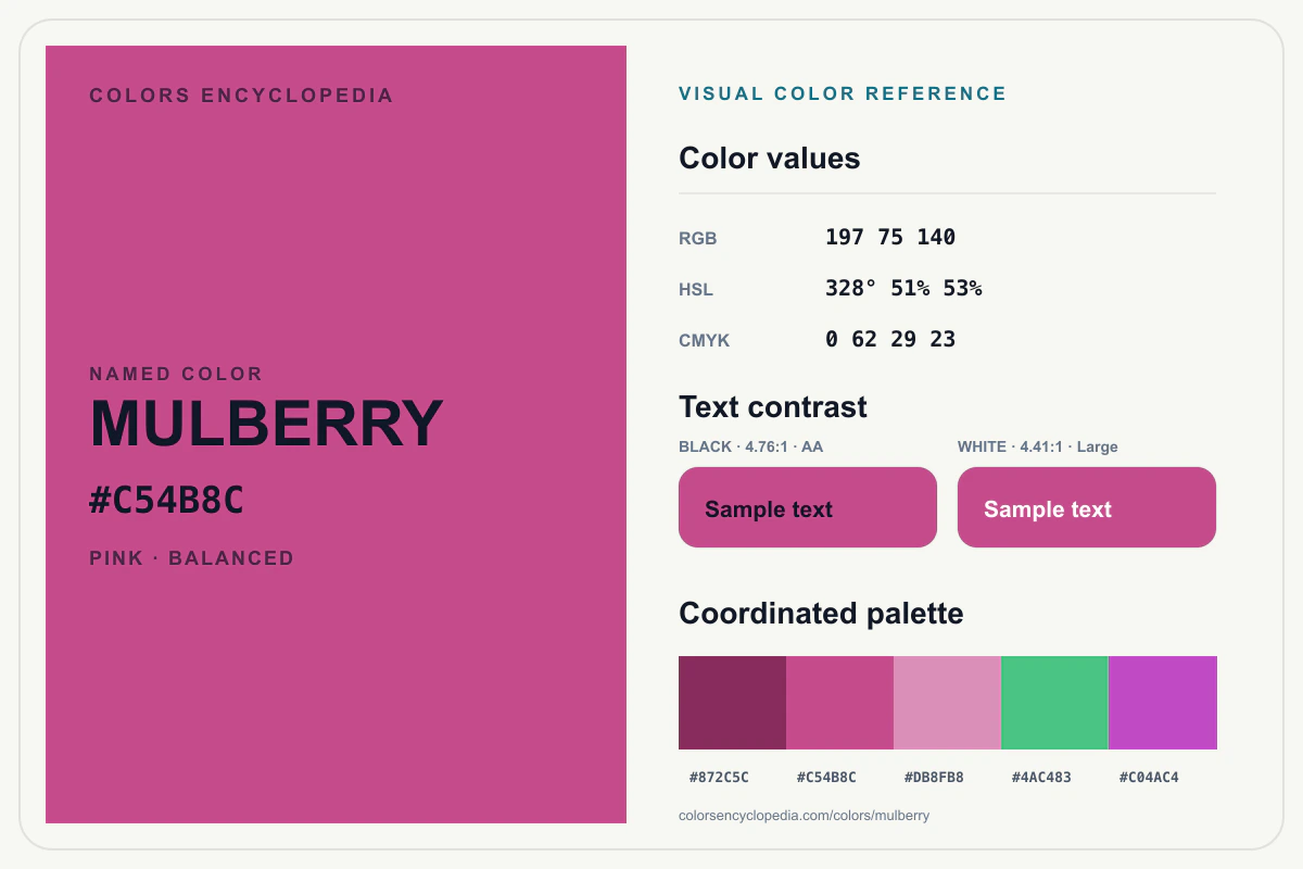 Mulberry color reference infographic showing #C54B8C, RGB and HSL values, a coordinated palette, and black and white text contrast.