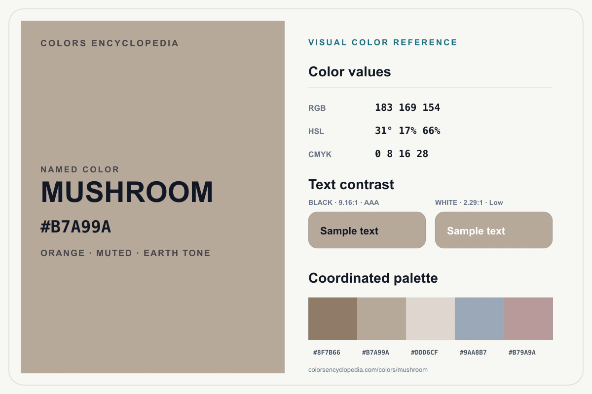 Mushroom color reference infographic showing #B7A99A, RGB and HSL values, a coordinated palette, and black and white text contrast.