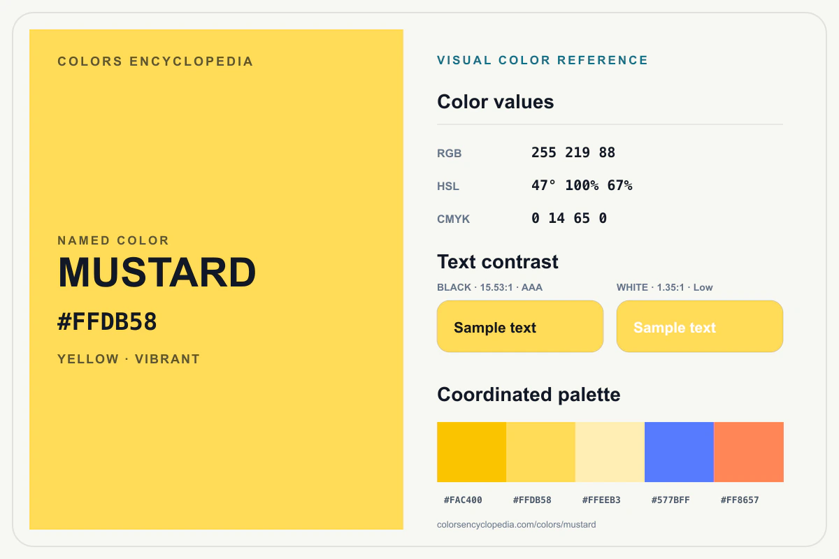 Mustard color reference infographic showing #FFDB58, RGB and HSL values, a coordinated palette, and black and white text contrast.