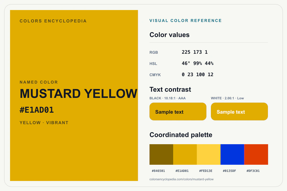 Mustard Yellow color reference infographic showing #E1AD01, RGB and HSL values, a coordinated palette, and black and white text contrast.