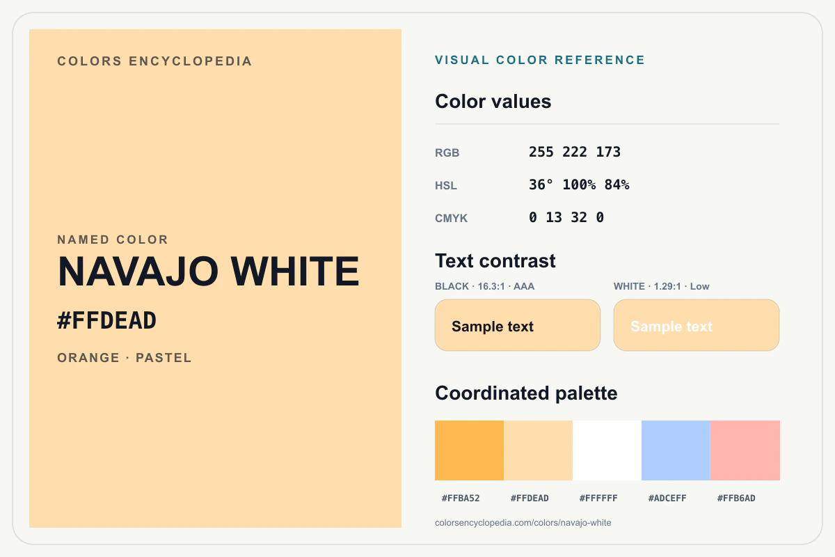 Navajo White color reference infographic showing #FFDEAD, RGB and HSL values, a coordinated palette, and black and white text contrast.