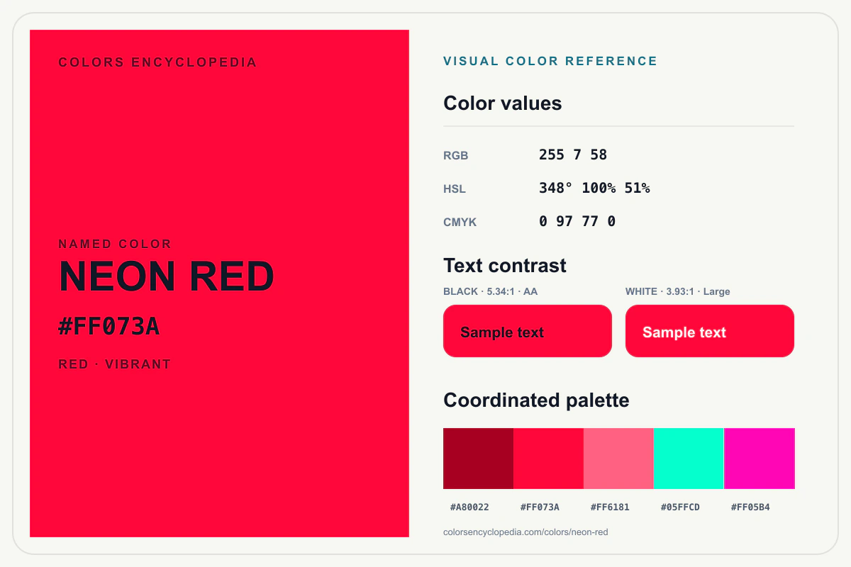 Neon Red color reference infographic showing #FF073A, RGB and HSL values, a coordinated palette, and black and white text contrast.