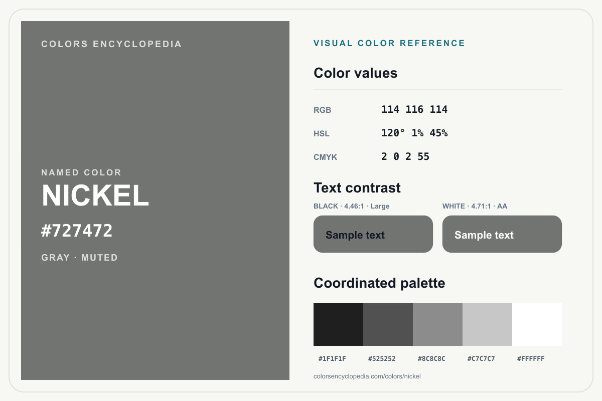 Nickel color reference infographic showing #727472, RGB and HSL values, a coordinated palette, and black and white text contrast.
