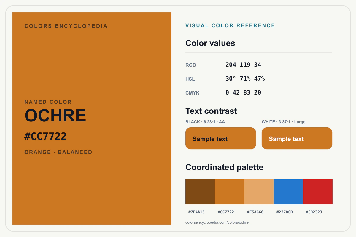 Ochre color reference infographic showing #CC7722, RGB and HSL values, a coordinated palette, and black and white text contrast.