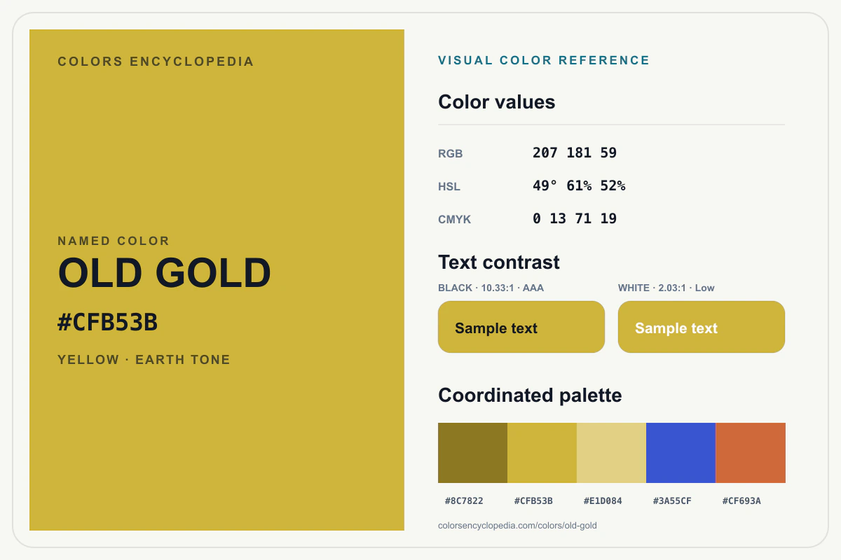 Old Gold color reference infographic showing #CFB53B, RGB and HSL values, a coordinated palette, and black and white text contrast.