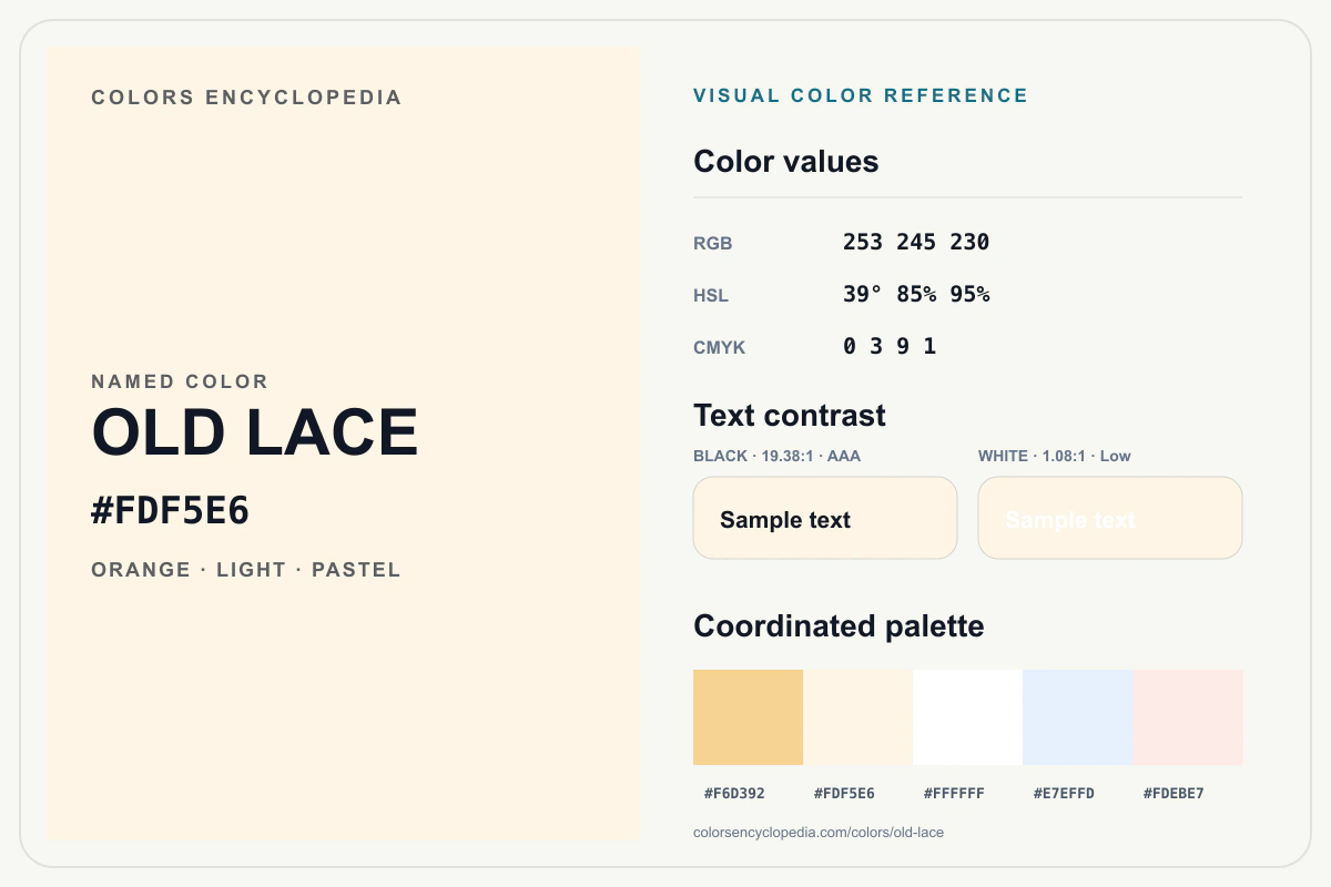 Old Lace color reference infographic showing #FDF5E6, RGB and HSL values, a coordinated palette, and black and white text contrast.