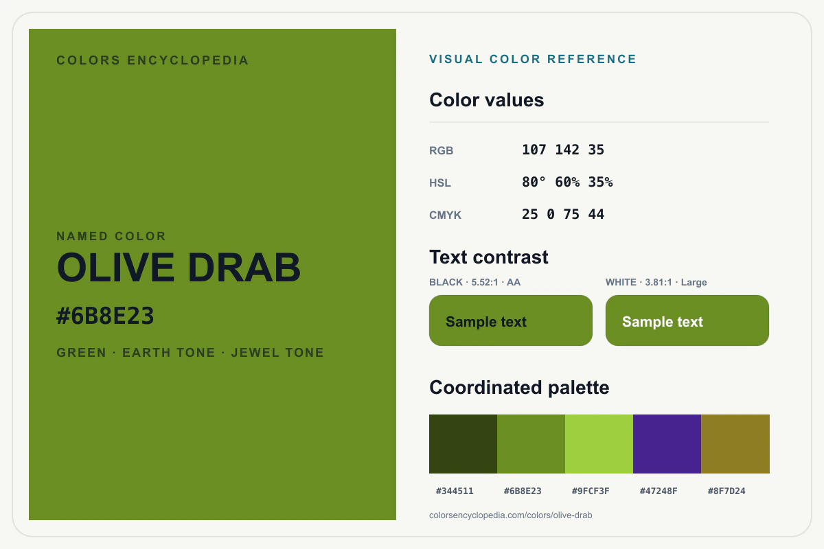 Olive Drab color reference infographic showing #6B8E23, RGB and HSL values, a coordinated palette, and black and white text contrast.