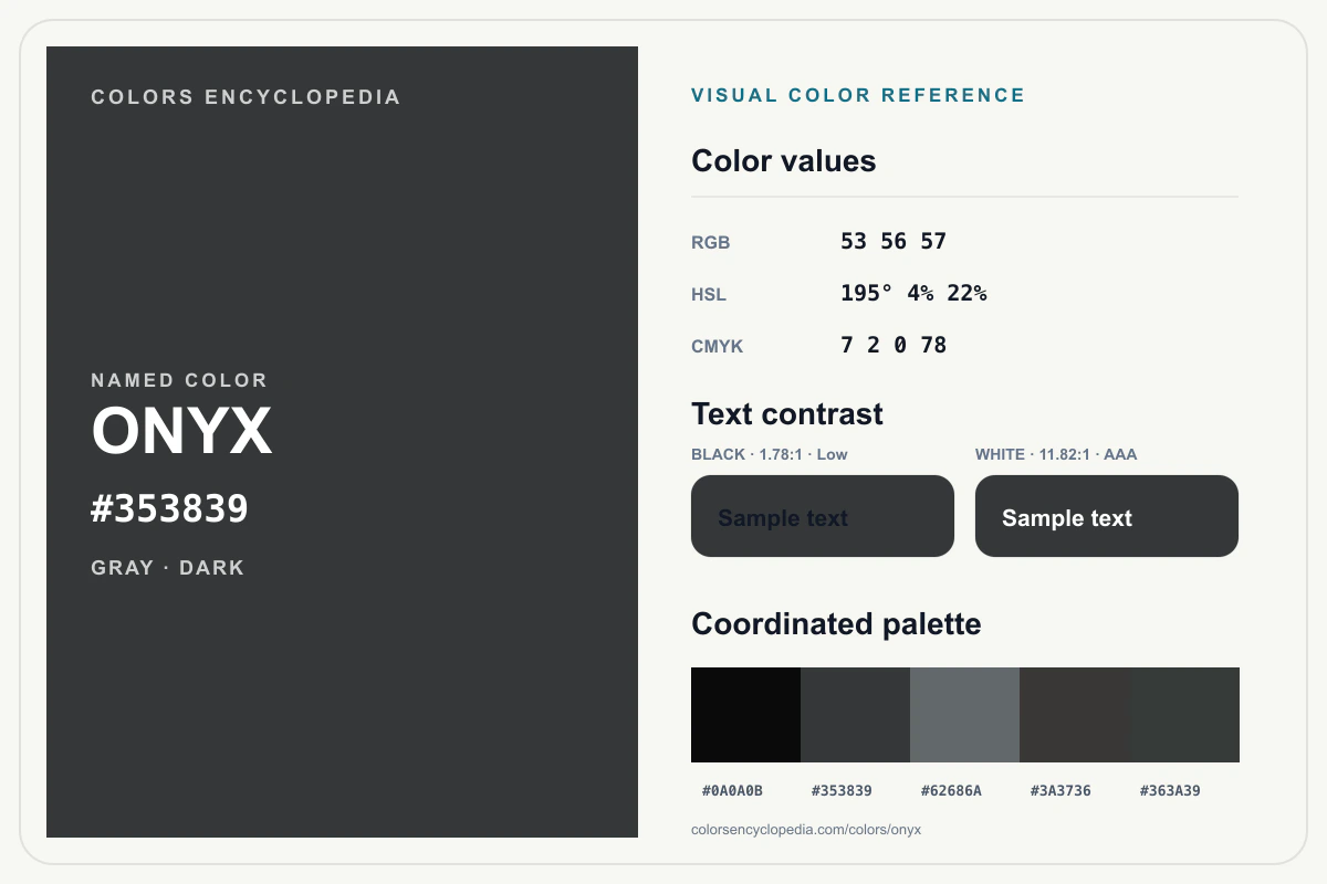 Onyx color reference infographic showing #353839, RGB and HSL values, a coordinated palette, and black and white text contrast.